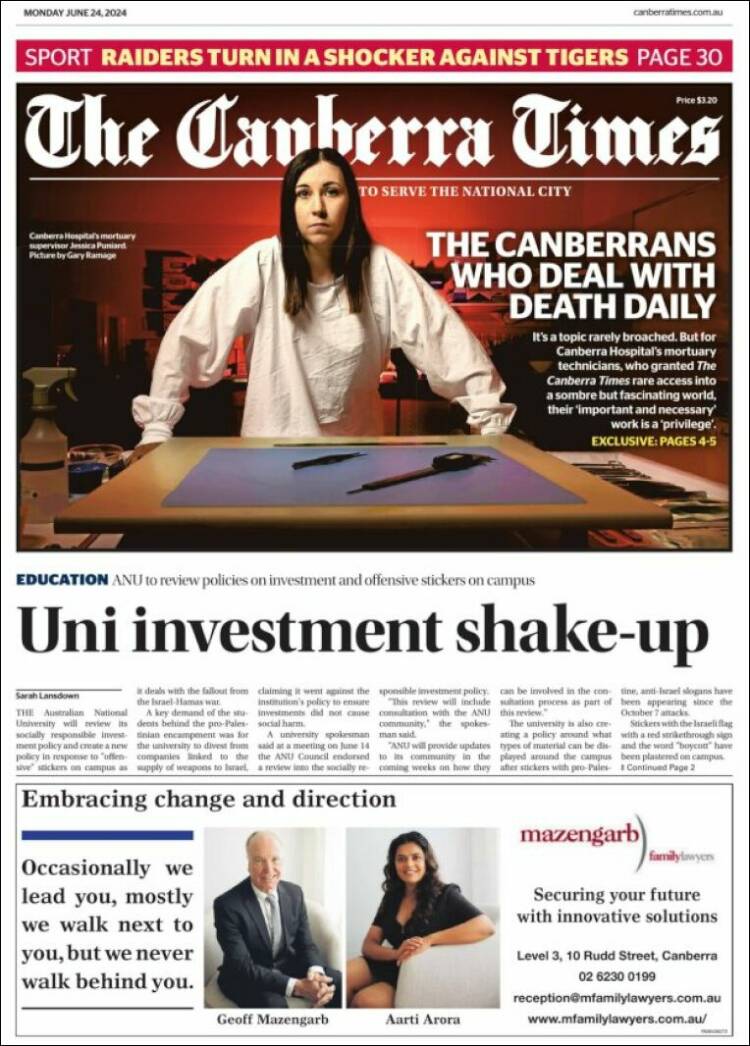 Portada de The Canberra Times (Australia)