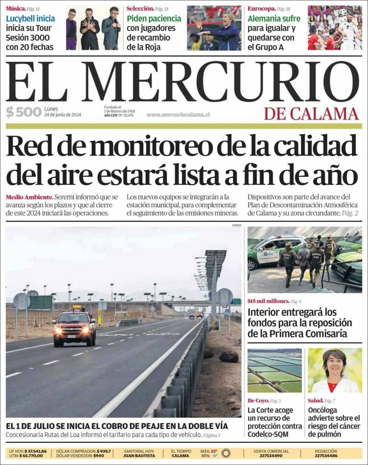 Portada de El Mercurio - Calama (Chile)
