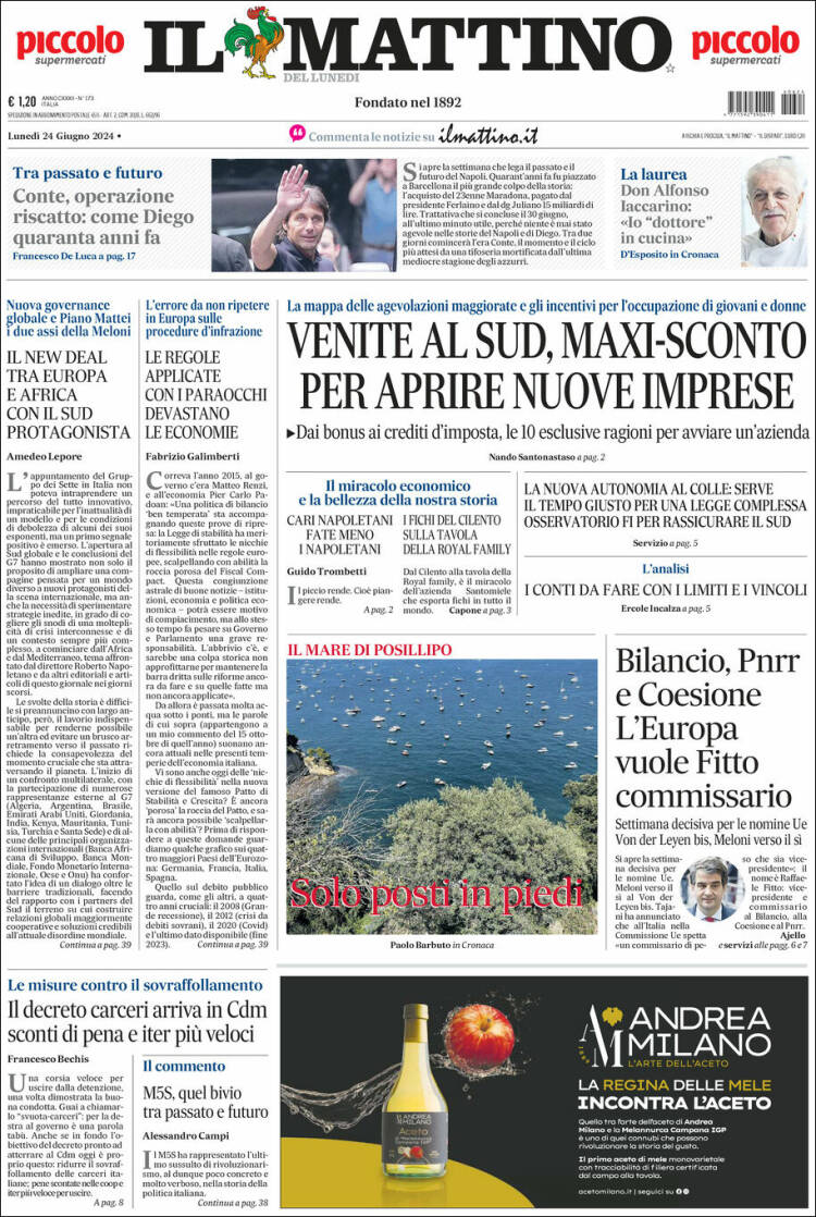 Portada de Il Mattino (Italia)