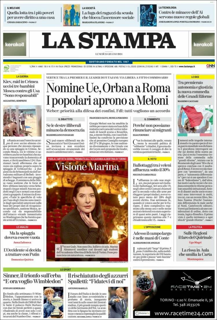 Portada de La Stampa (Italia)