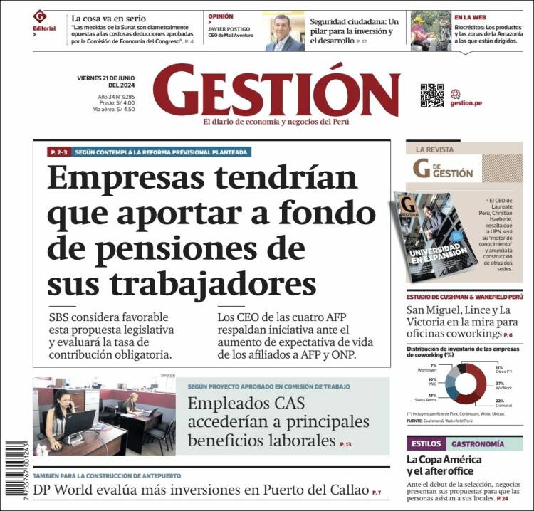Portada de Diario Gestión (Pérou)