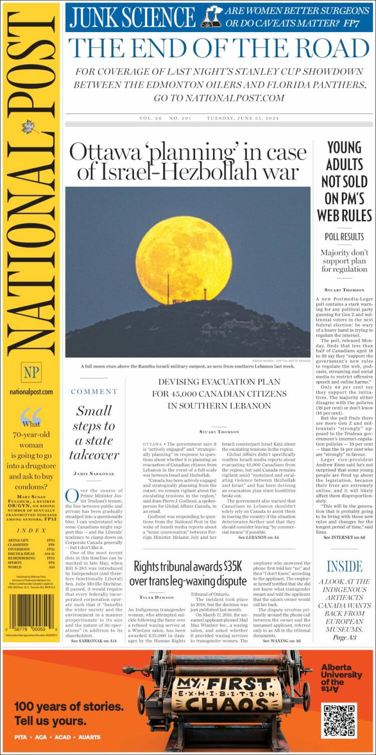 Portada de The National Post (Canadá)