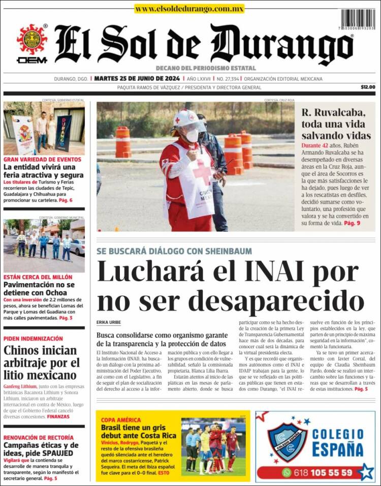 Portada de El Sol de Durango (M&eacute;xico)