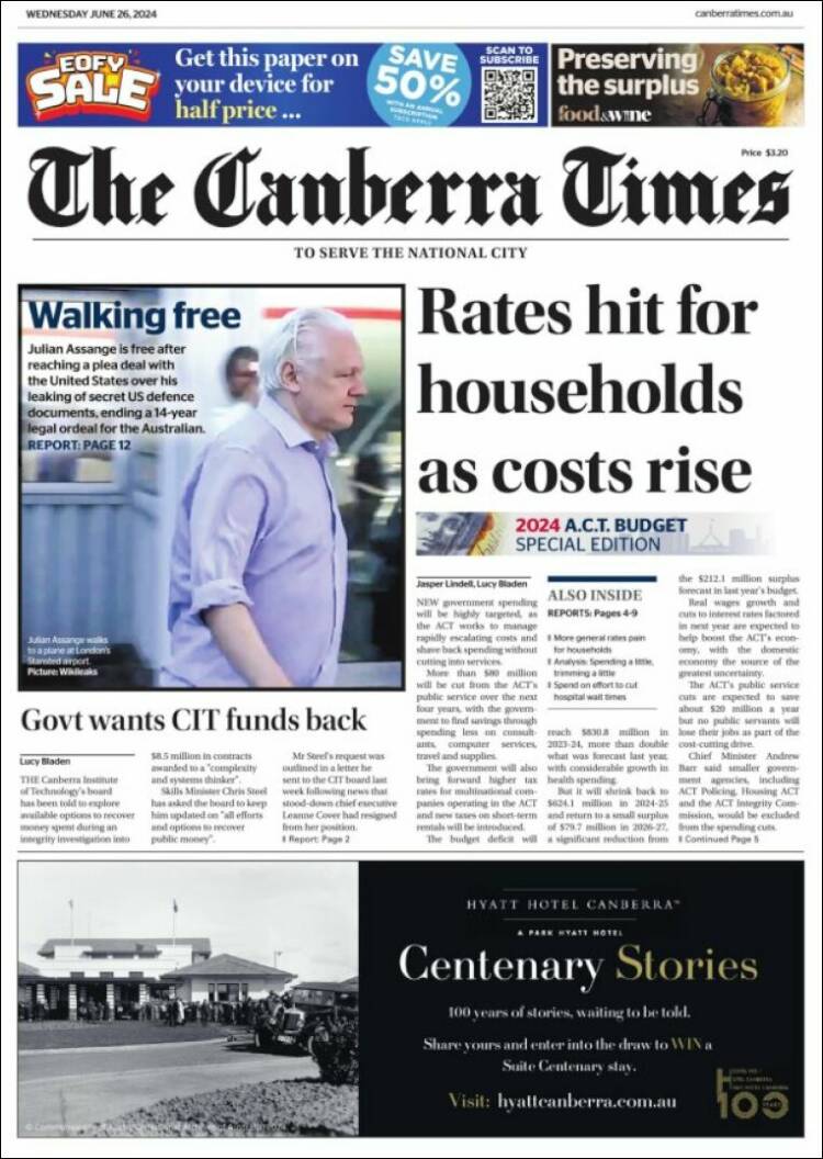 Portada de The Canberra Times (Australia)