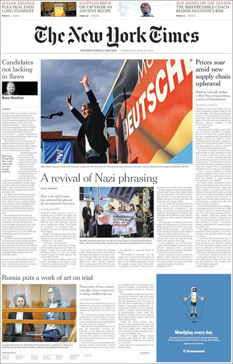 Portada de International New York Times (Europa)