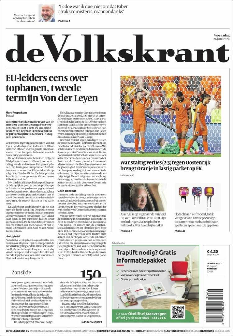 Portada de De Volkskrant (Pa&iacute;ses Bajos)