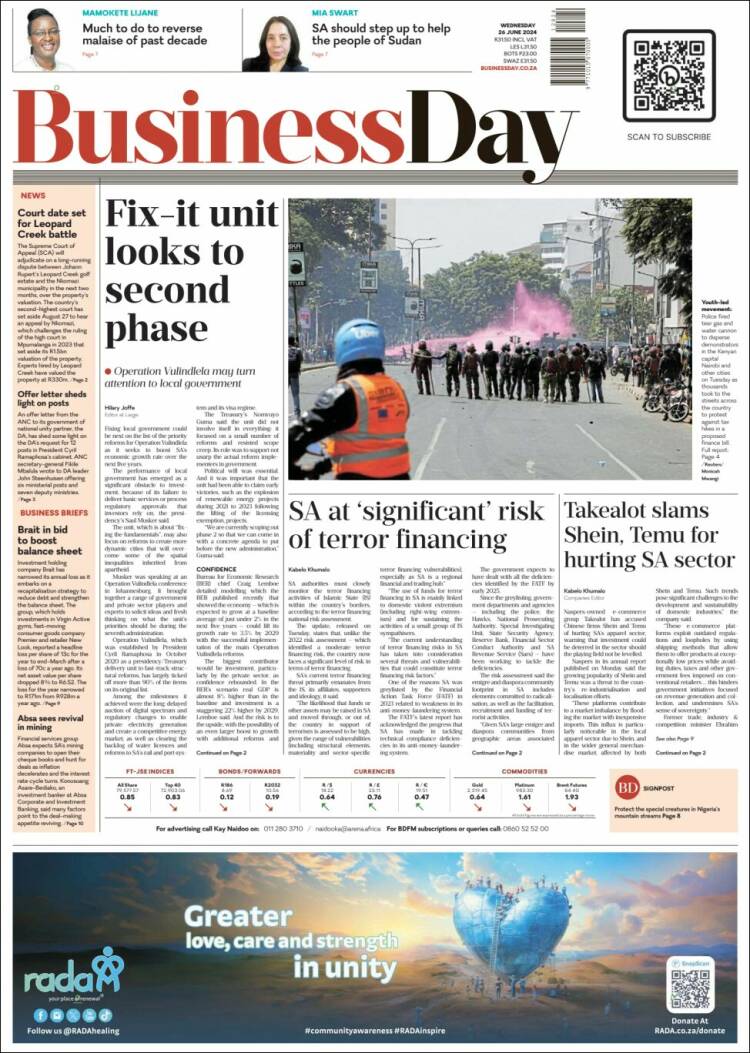 Portada de Business Day (Sud&aacute;frica)