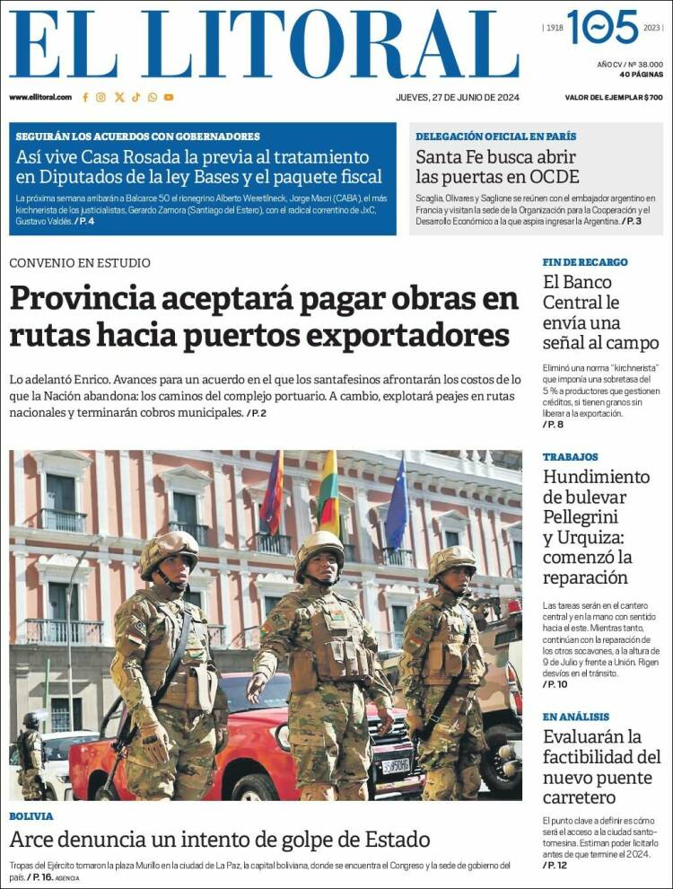 Portada de Diario El Litoral (Argentina)