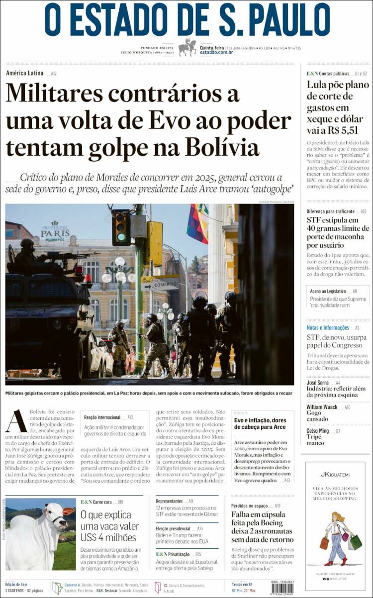 Portada de O Estado de São Paulo (Brasil)