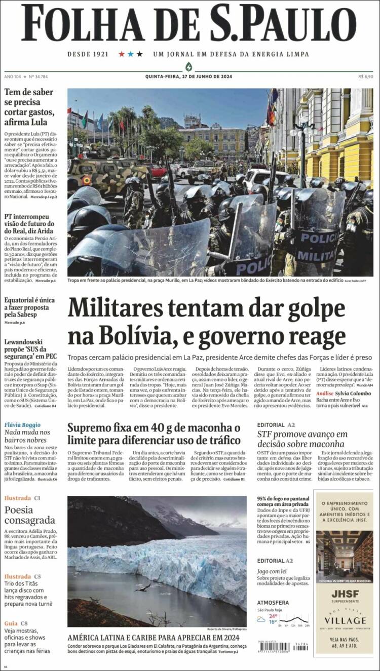 Portada de Folha de São Paulo (Brasil)