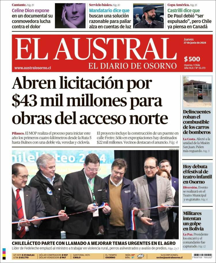 Portada de El Austral de Osorno (Chile)