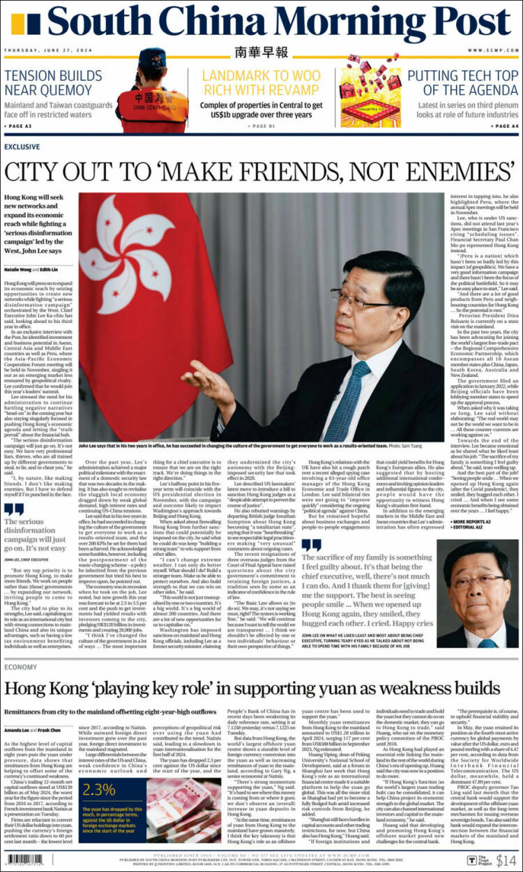 Portada de South China Morning Post (China)