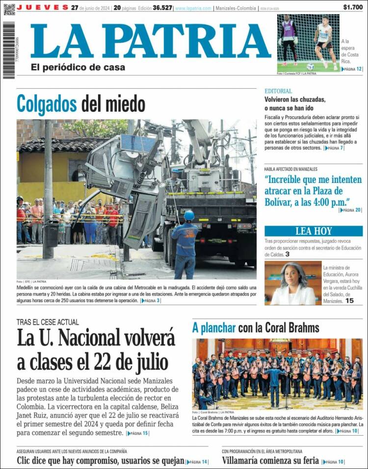 Portada de La Patria (Colombia)