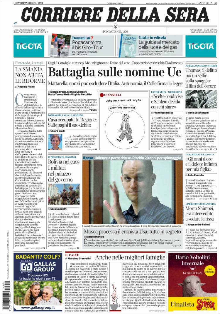 Portada de Corriere della Sera (Italia)
