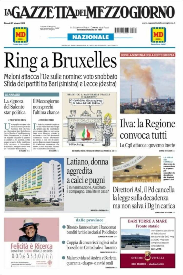 Portada de La Gazzetta del Mezzogiorno (Italia)