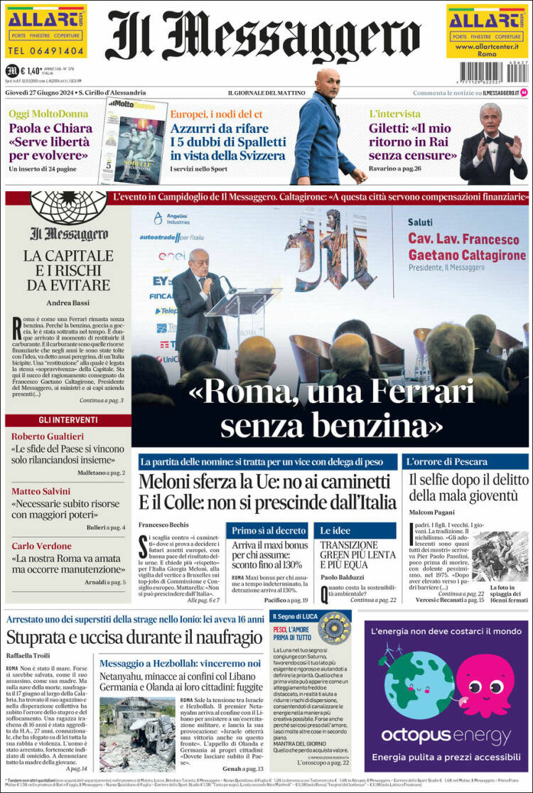 Portada de Il Messaggero (Italia)