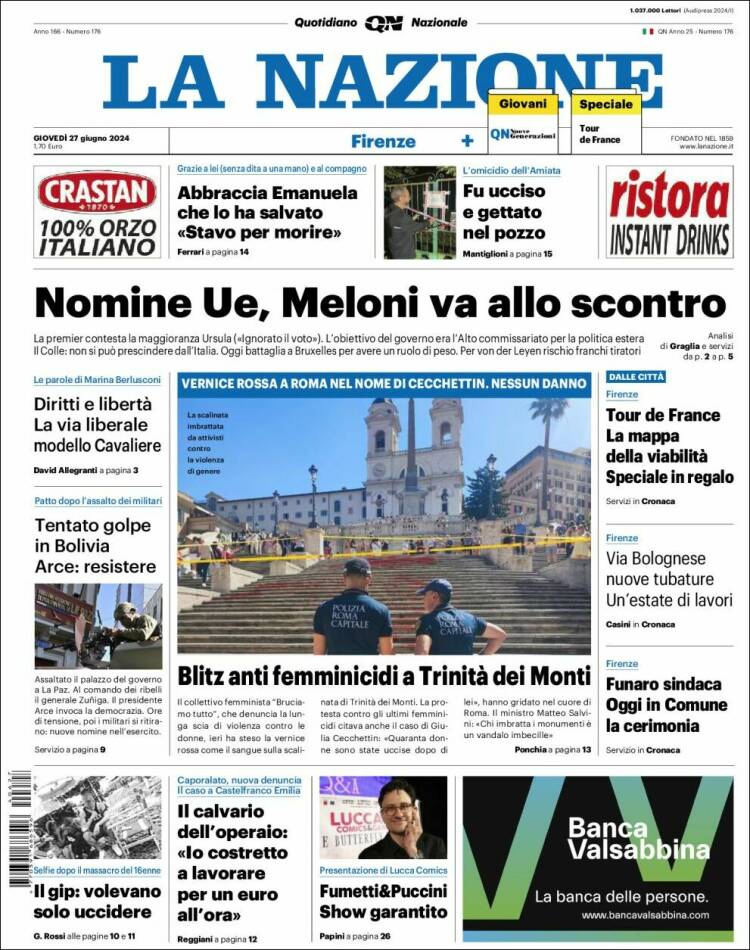 Portada de La Nazione (Italia)