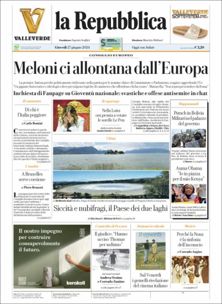 Portada de La Repubblica (Italia)