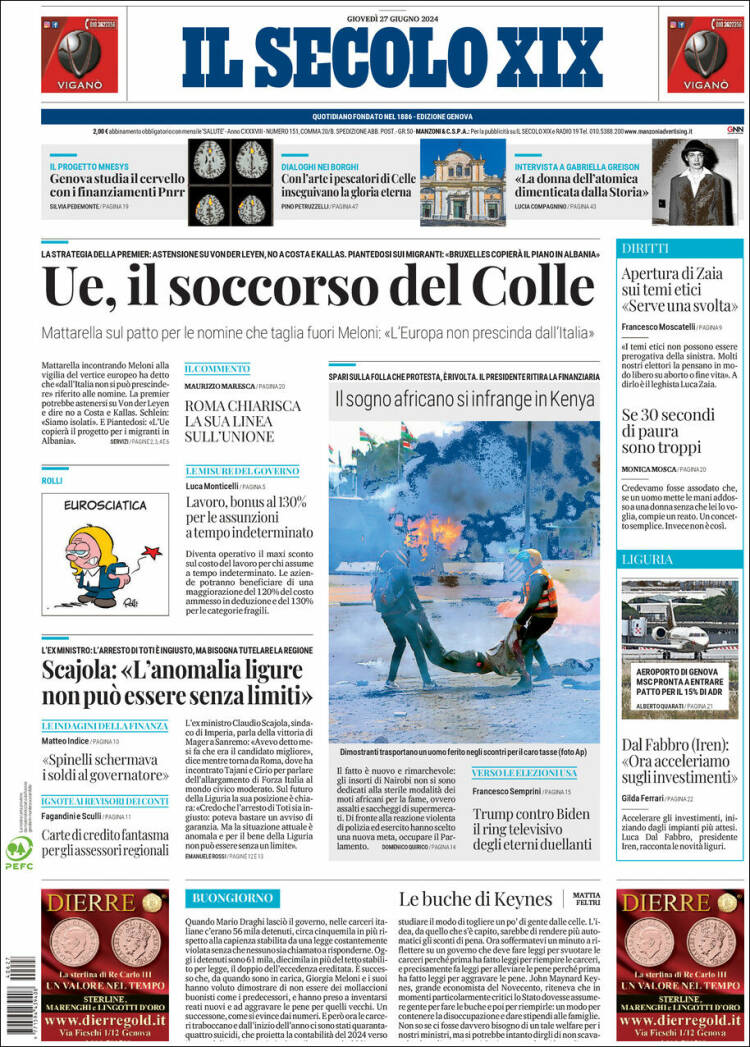 Portada de Il Secolo XIX (Italia)