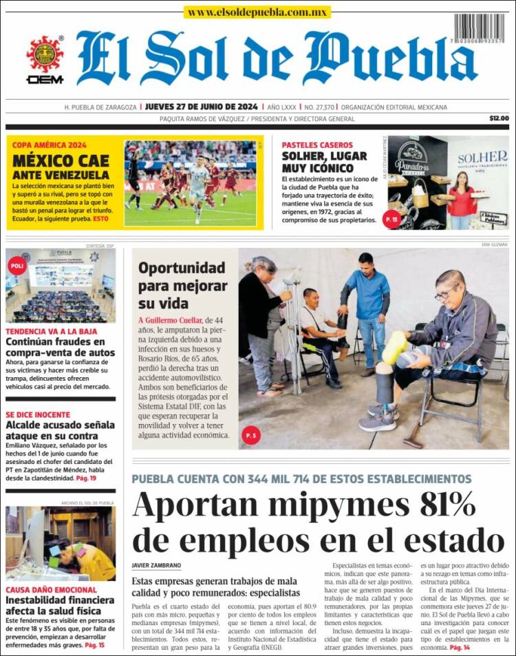 Portada de El Sol de Puebla (M&eacute;xico)