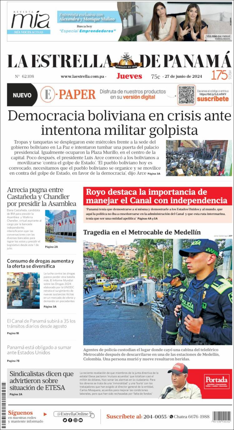 Portada de La Estrella de Panamá (Panam&aacute;)