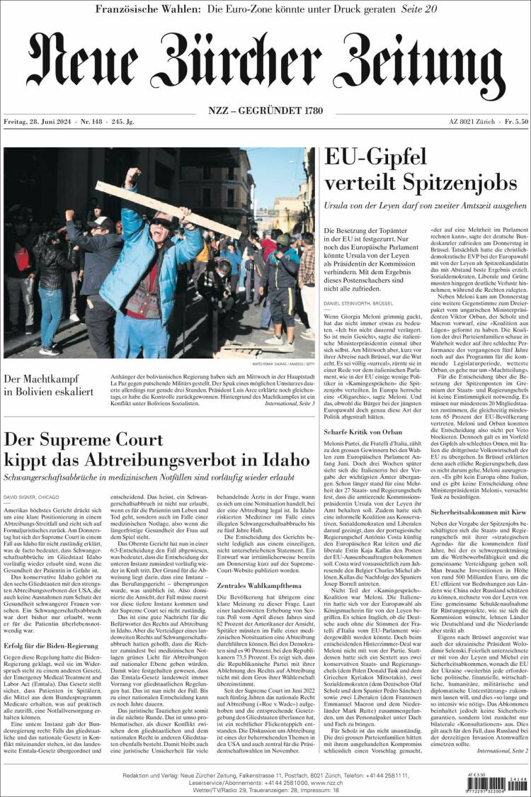 Portada de Neue Zürcher Zeitung (Suiza)