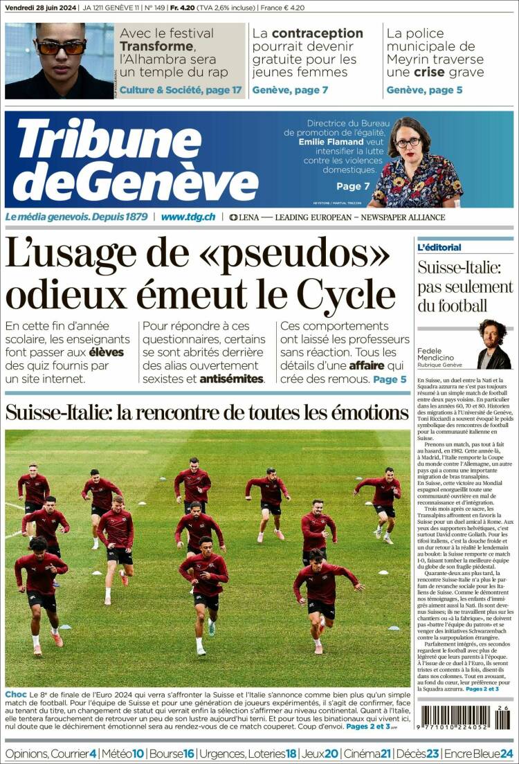 Portada de La Tribune de Genève (Suiza)