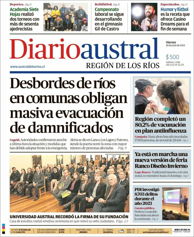 Portada de El Diario Austral de Valdivia (Chile)