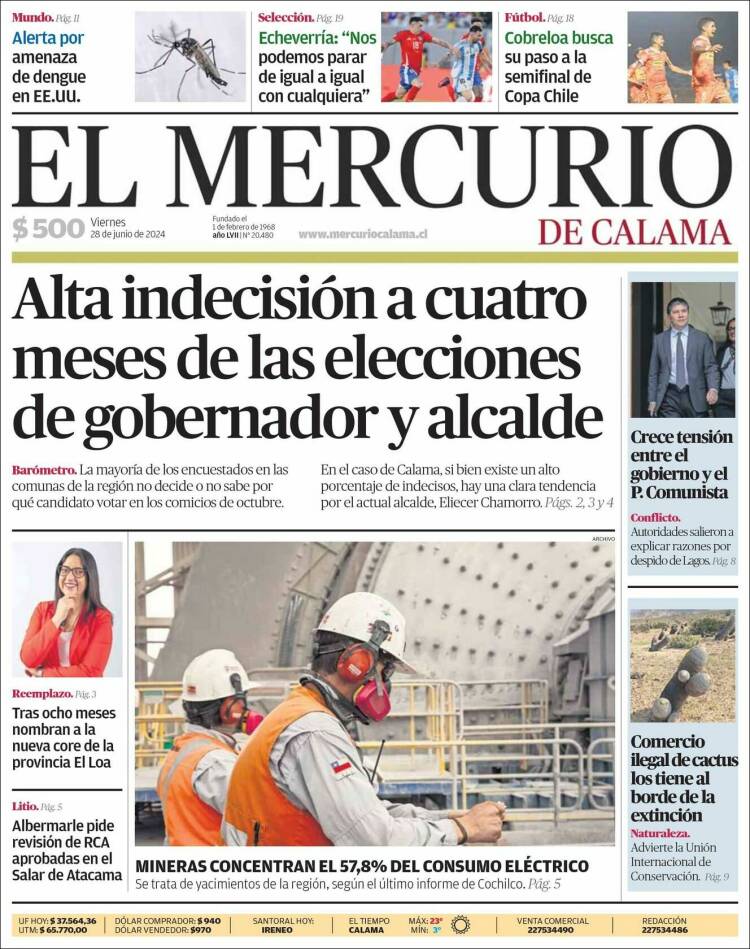 Portada de El Mercurio - Calama (Chile)