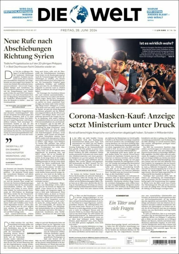 Portada de Die Welt (Alemania)