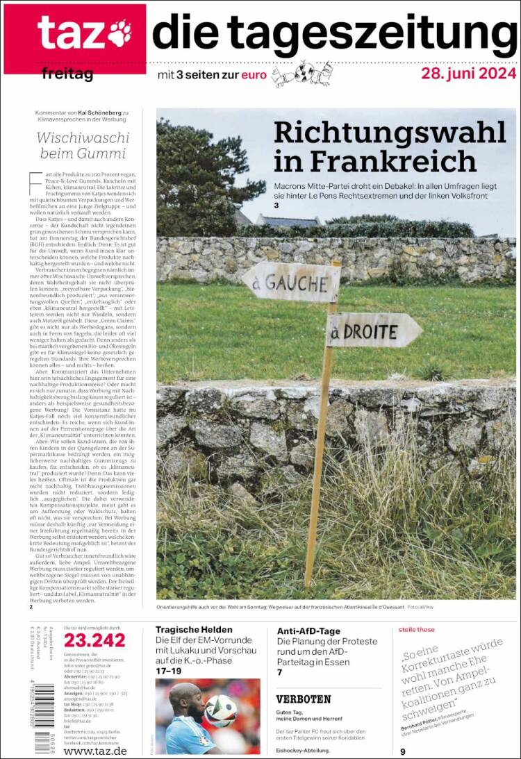 Portada de Die Tageszeitung (Alemania)