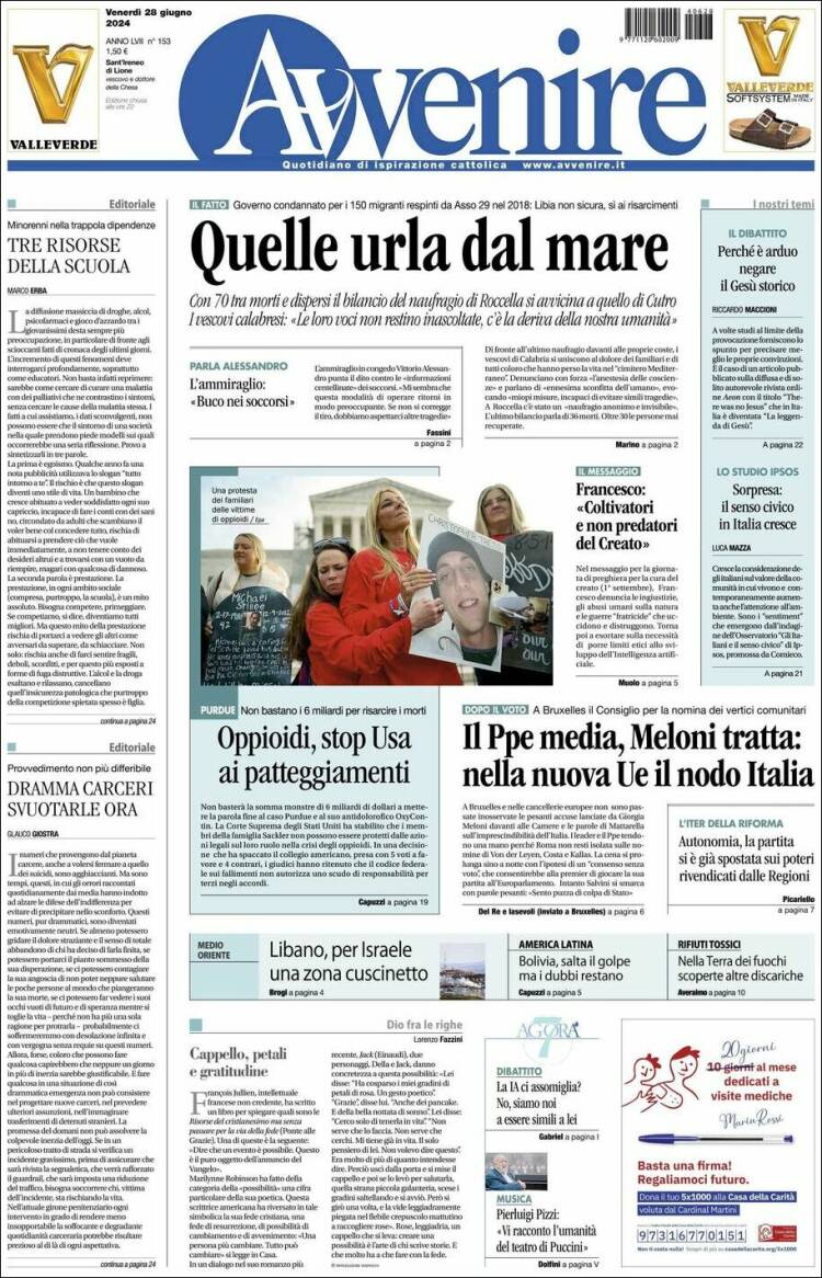 Portada de Avvenire (Italia)