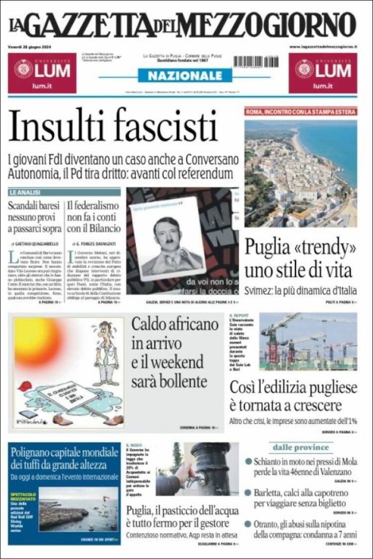 Portada de La Gazzetta del Mezzogiorno (Italia)