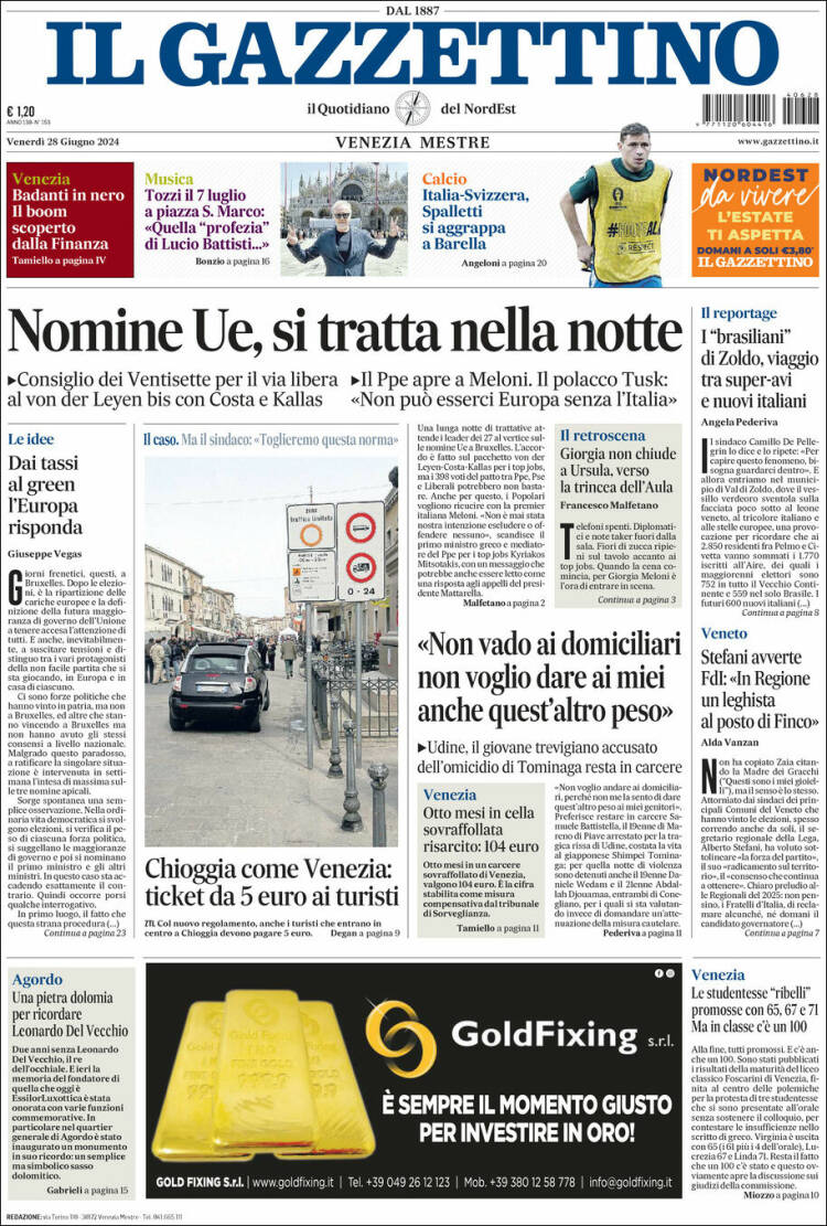 Portada de Il Gazzettino (Italia)