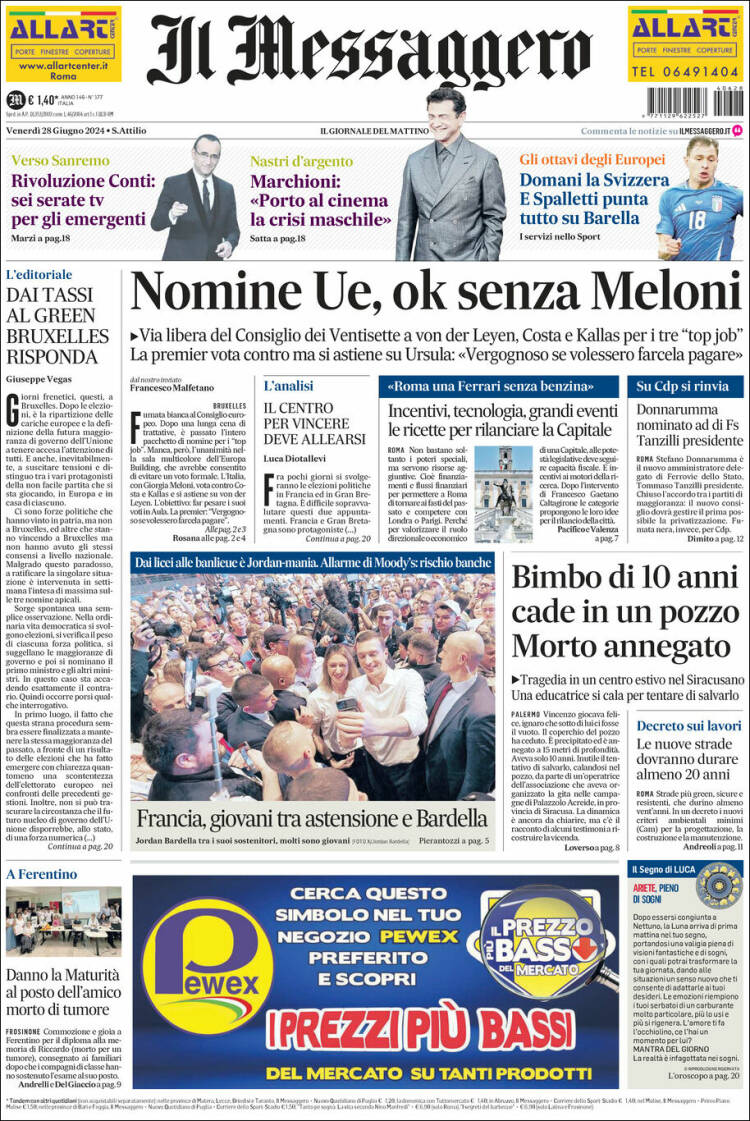 Portada de Il Messaggero (Italia)