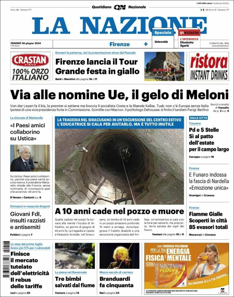Portada de La Nazione (Italia)