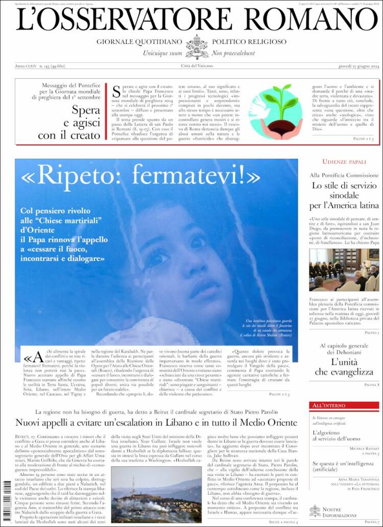 Portada de L'Osservatore Romano (Italia)