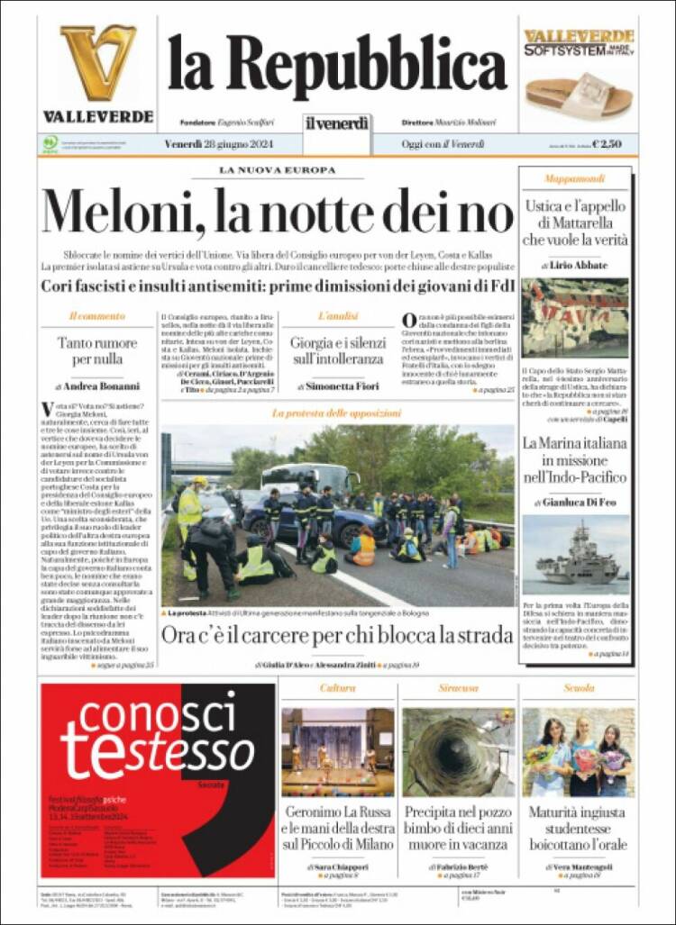Portada de La Repubblica (Italia)