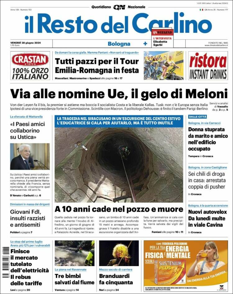 Portada de Il Resto del Carlino (Italia)