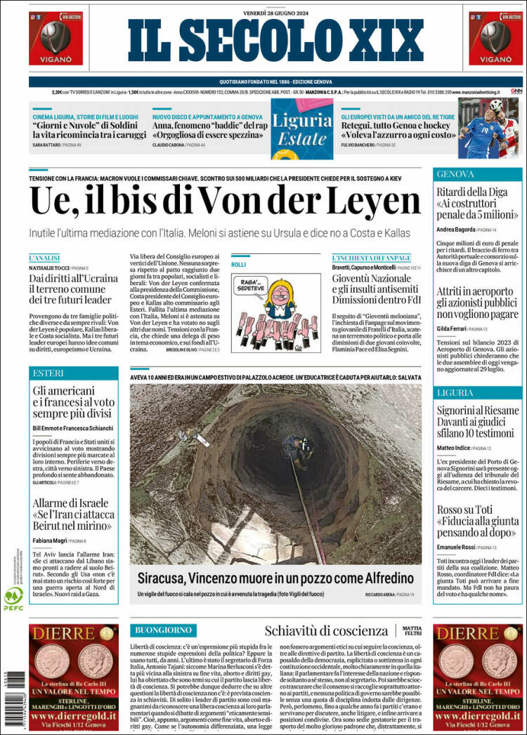 Portada de Il Secolo XIX (Italia)