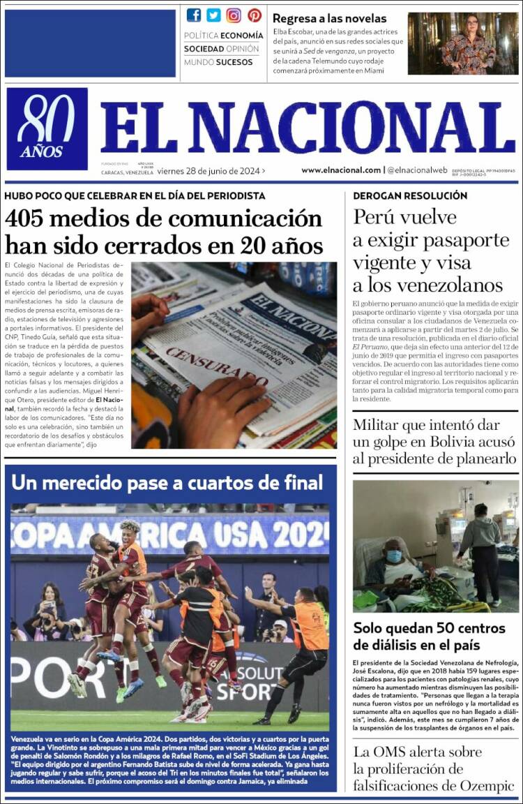 Portada de El Nacional (Venezuela)