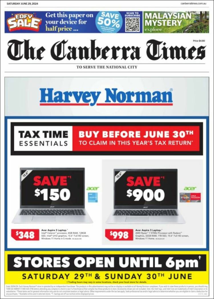 Portada de The Canberra Times (Australia)