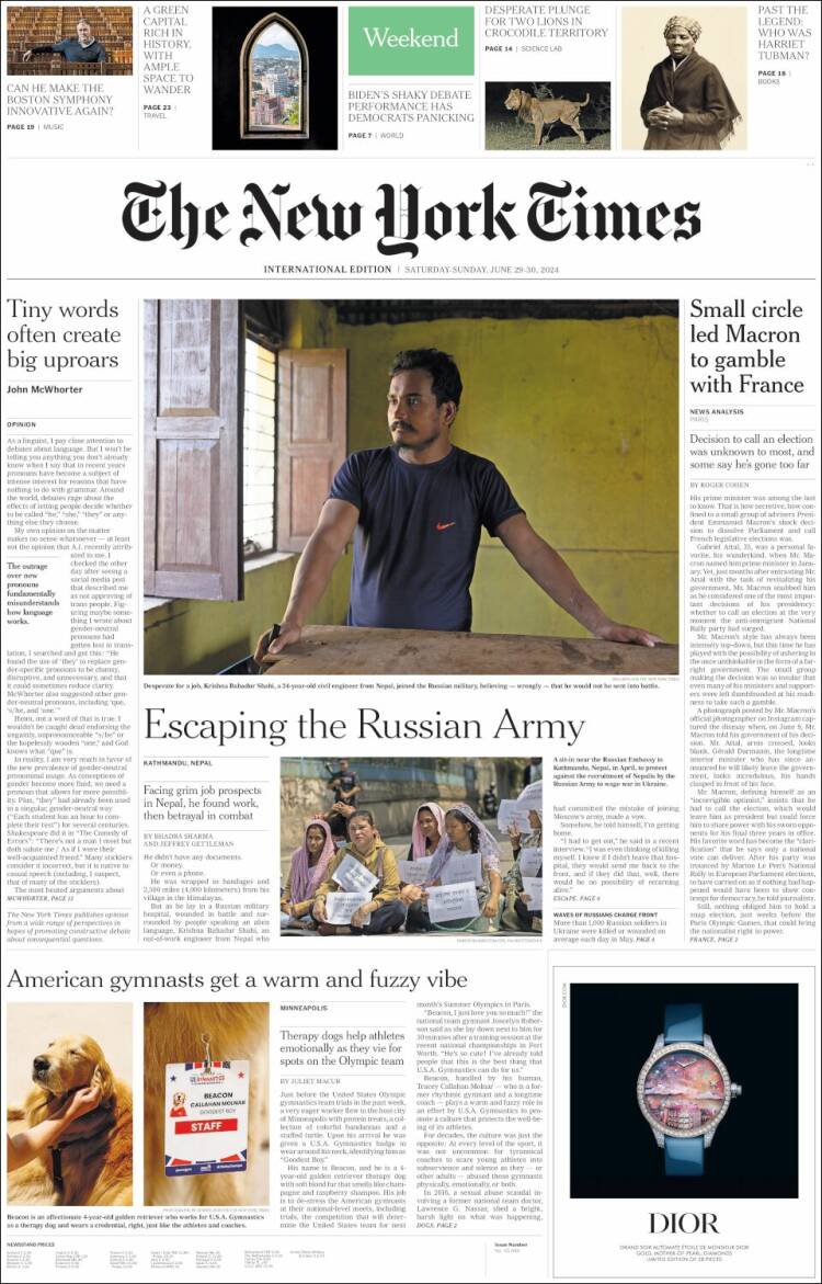 Portada de International New York Times (Europa)