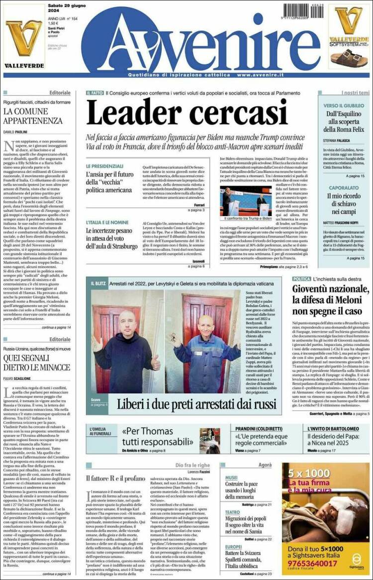 Portada de Avvenire (Italia)