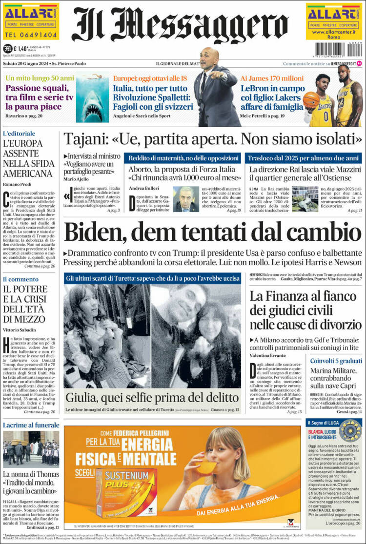 Portada de Il Messaggero (Italia)
