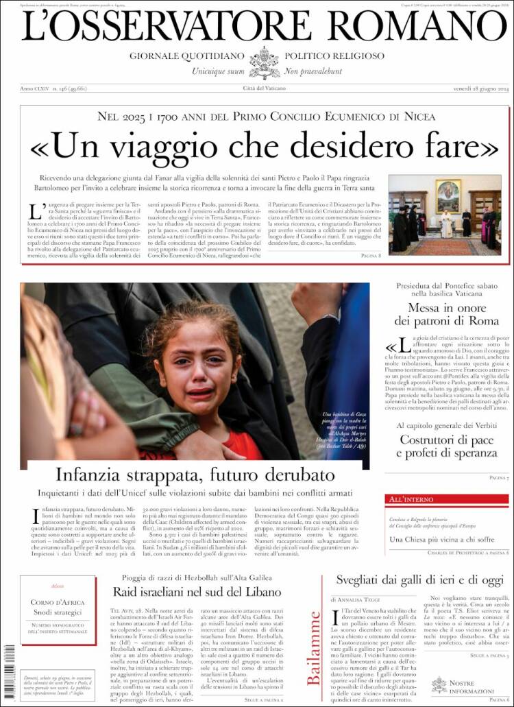 Portada de L'Osservatore Romano (Italia)