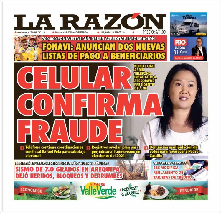Portada de La Razón (Per&uacute;)