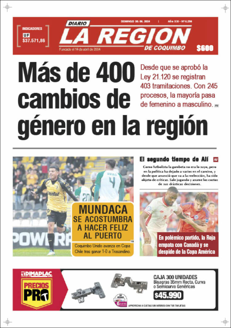 Portada de Diario La Región de Coquimbo (Chile)
