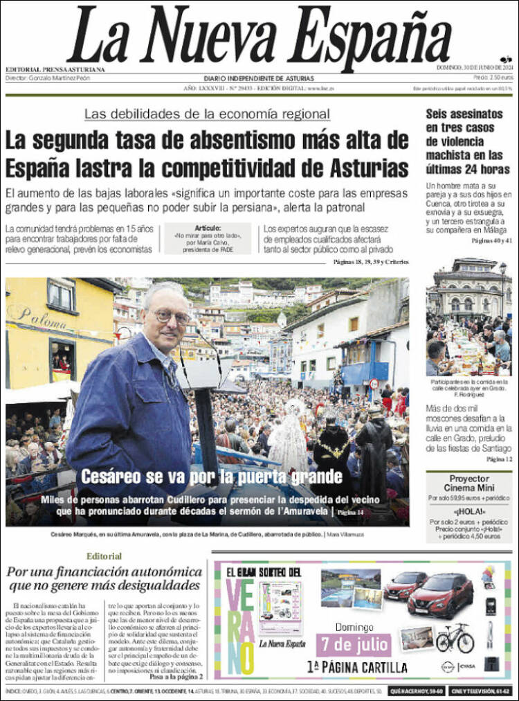 Portada de La Nueva España (España)