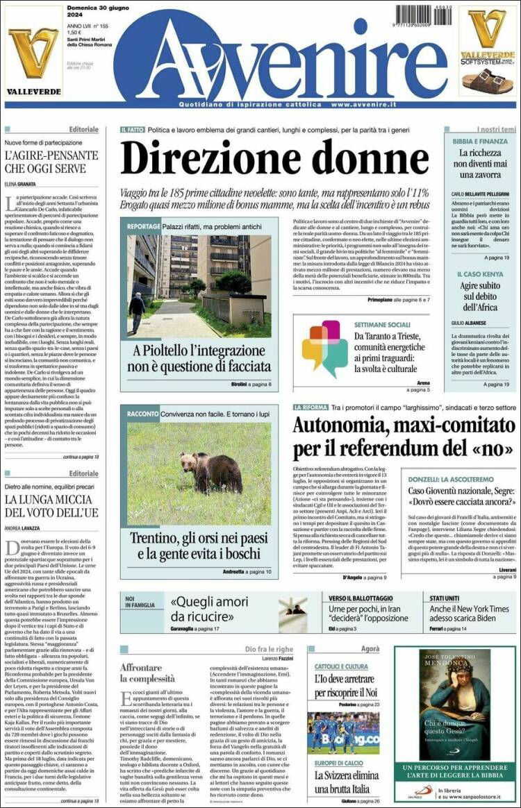 Portada de Avvenire (Italia)